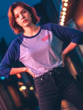 NETFLIX STRANGER THINGS Blue/Gray Burnout Baseball Raglan T-shirt Unisex Sz LG